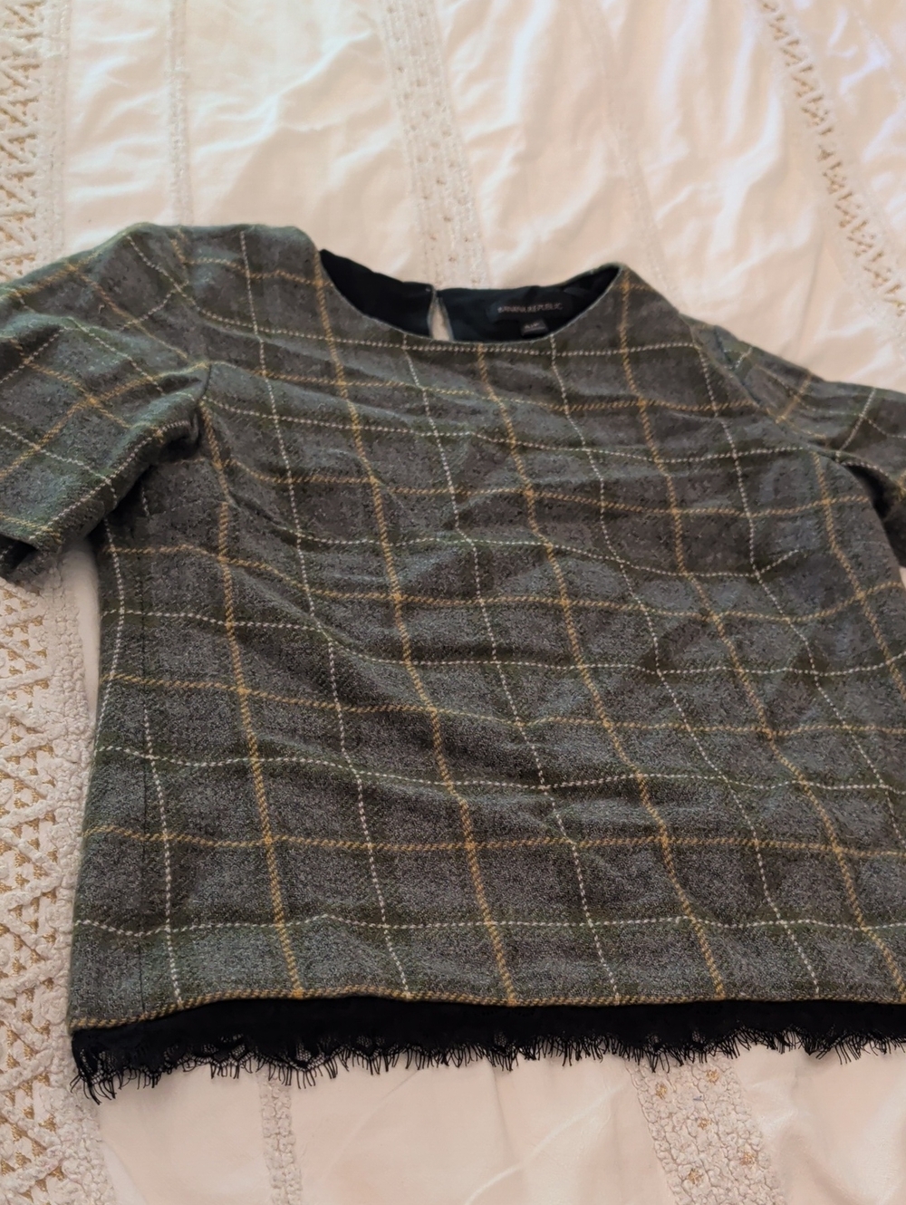 Banana Republic Green Plaid Short-Sleeve Top with Fringe Hem